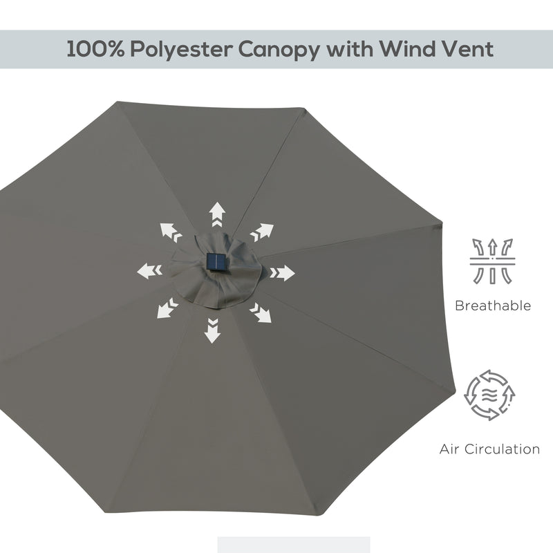 Outsunny 2.7m Patio LED Umbrella with Push Button Tilt/Crank 8 Ribs Grey