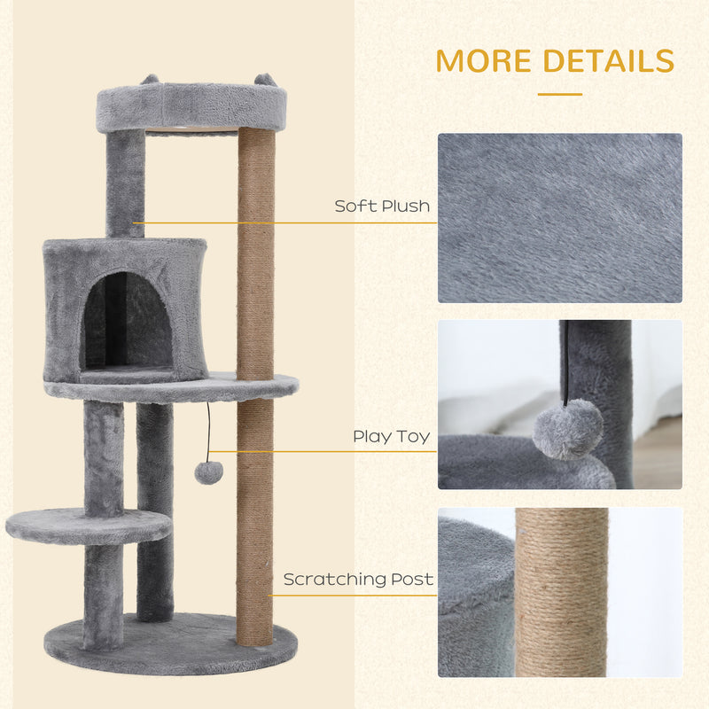 PawHut 4 Tiers 104cm Cat Tree W/ Scratching Posts Perches  Hanging Ball, Beige