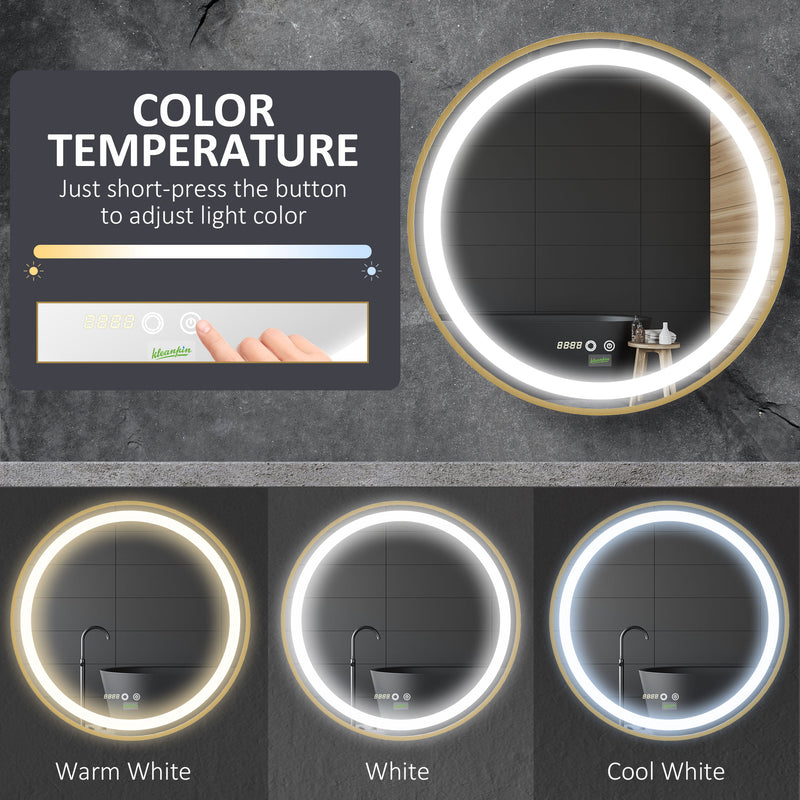 kleankin Wall Mounted LED Bathroom Mirror with 3 Light Colours Time Display Gold