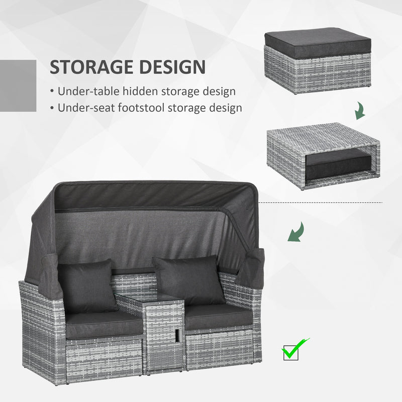 Outsunny 3 PC Outdoor Rattan Daybed Sofa Stool Table Set w/ Canopy, Cushion