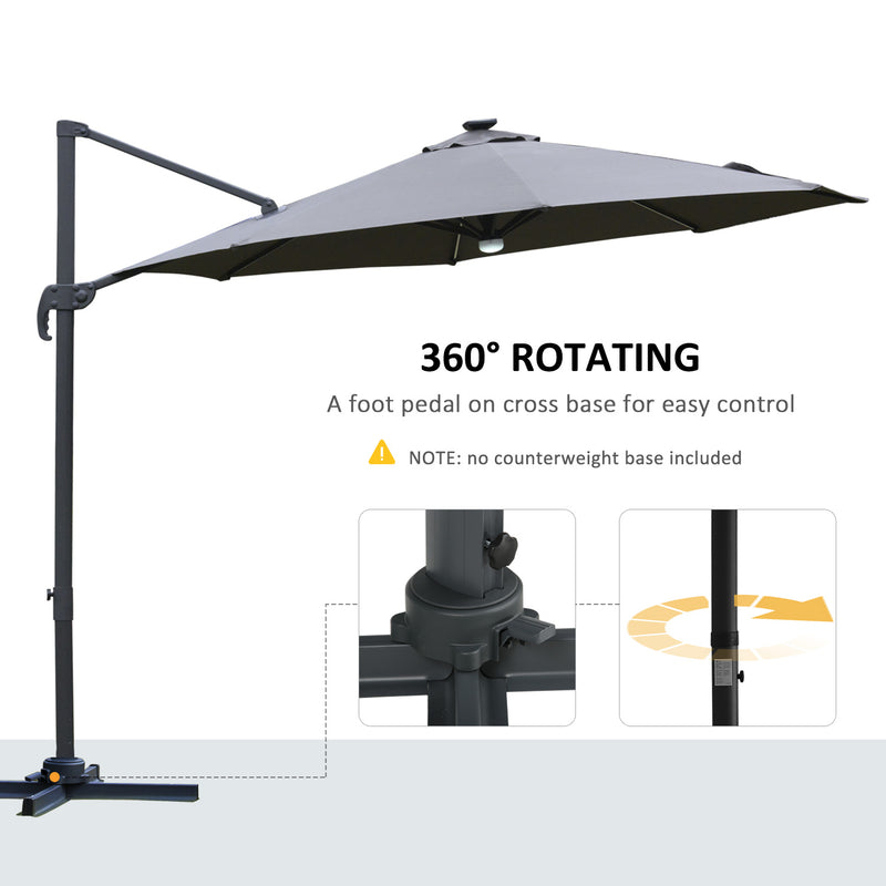 Outsunny 3(m) LED Cantilever Parasol Outdoor with Base Solar Lights Grey