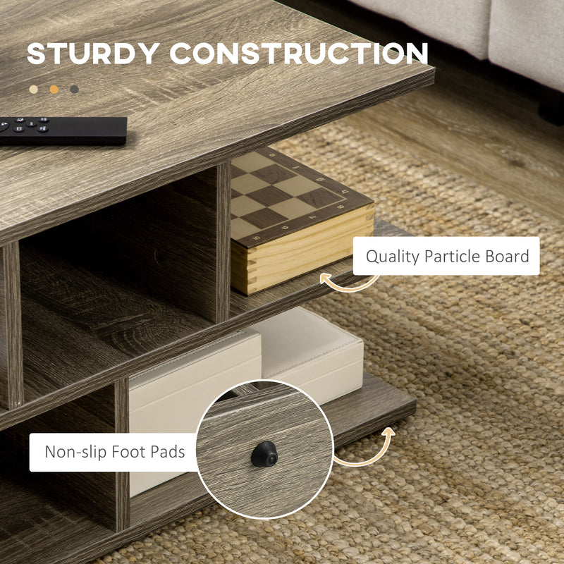 HOMCOM Square Modern 2-Tier Coffee Table with Multiple Storage Shelves Grey