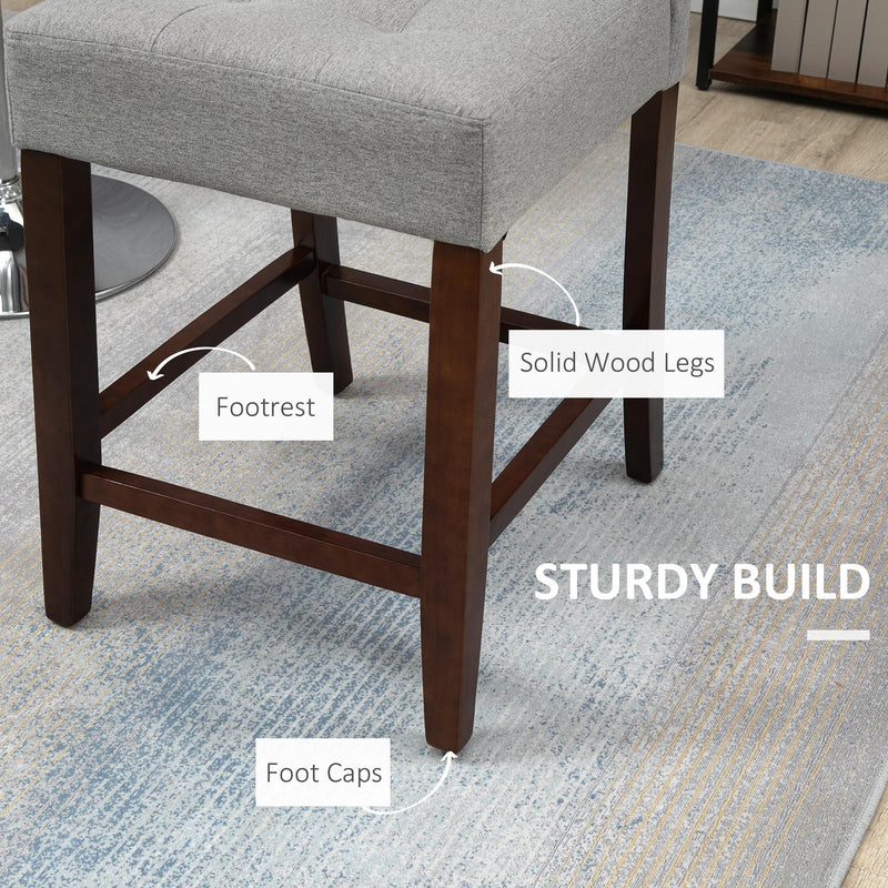 HOMCOM Modern Fabric Bar Stools Set of 2 Bar Chairs with Back Wood Legs Grey