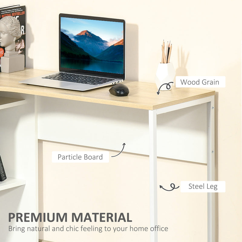 HOMCOM L-Shaped Corner Computer Desk Study Table w/ Storage Shelf - Light Brown