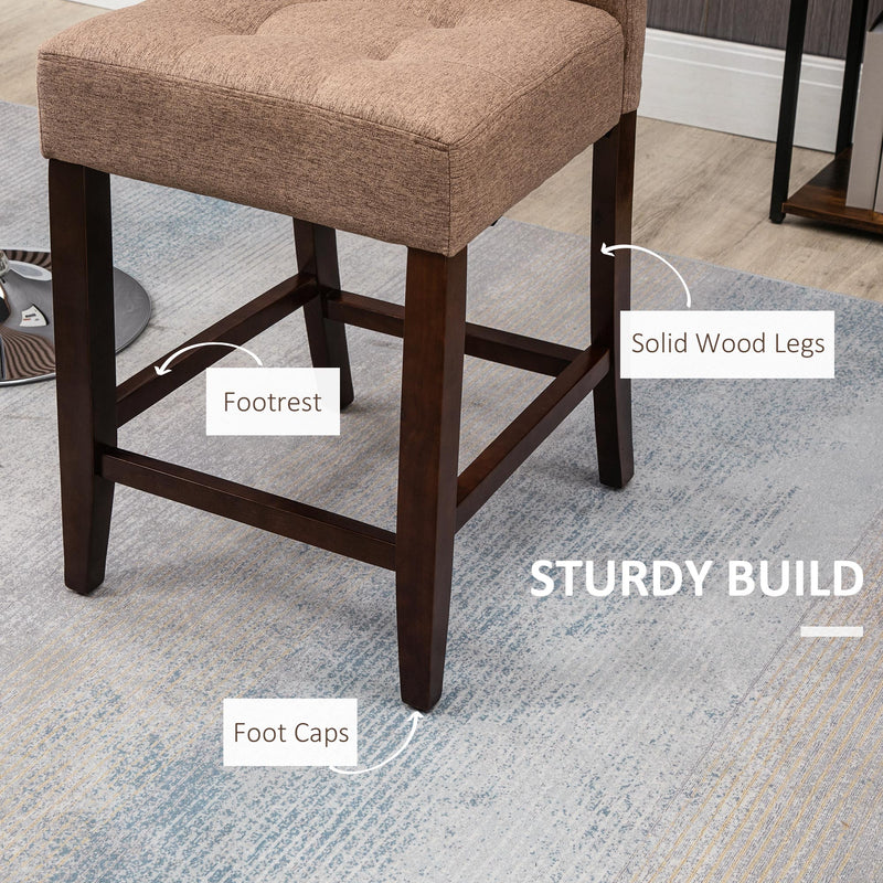 HOMCOM Modern Fabric Bar Stools Set of 2 Bar Chairs with Back Wood Legs Brown