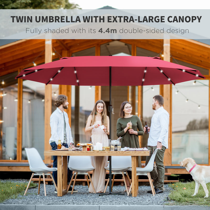 Outsunny 4.4m Double-Sided Sun Umbrella Patio Parasol Solar Lights Wine Red