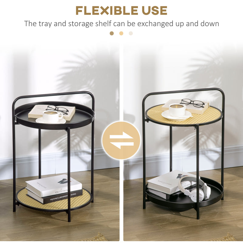 HOMCOM Side Table End Table with Serving Tray and Plastic Rattan Shelf, Black