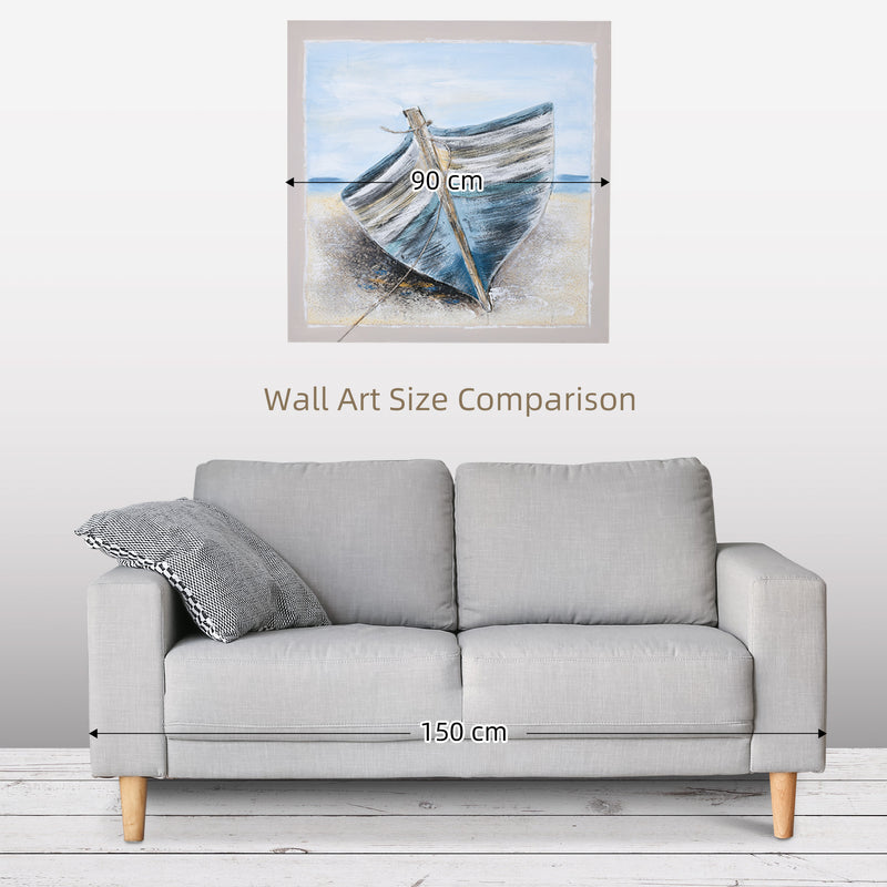 HOMCOM Hand-Painted Wall Art, Canvas Painting Artwork Beach Boat, 90 x 90 cm