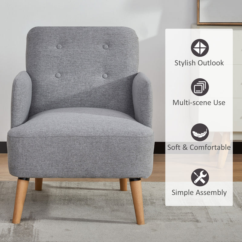 HOMCOM Upholstered Armchair, Nature Wood Frame Padded Living Room Chair, Grey
