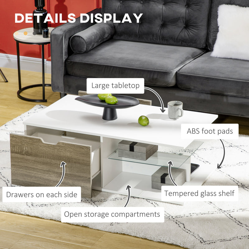 HOMCOM Modern Coffee Table w/ Tempered Glass Shelve, Drawers for Living Room
