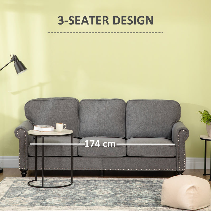 HOMCOM 3 Seater Sofas Fabric Couch with Nailhead Trim and Cushions Grey
