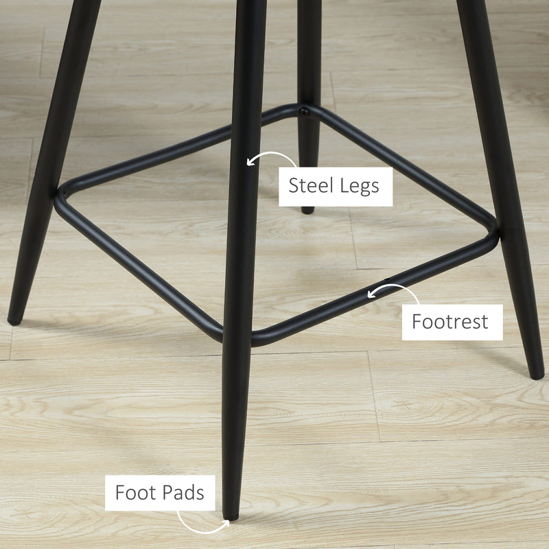 HOMCOM Bar Stools Set of 2, Velvet-Touch Fabric Counter Height Bar Chairs Grey