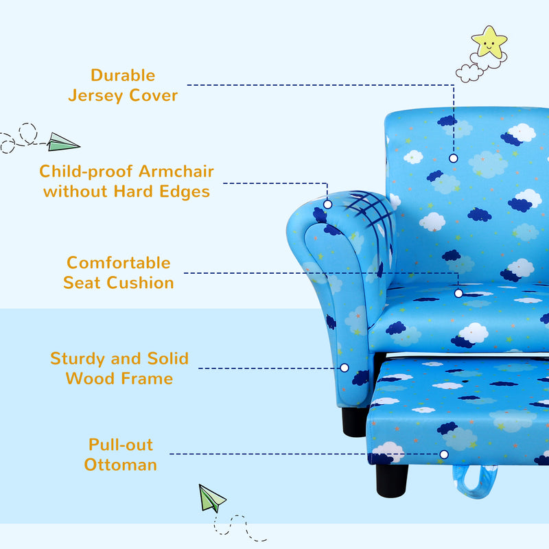 HOMCOM Cute Cloud Star Child Armchair Seat Wood Frame w/ Footrest Padding Blue
