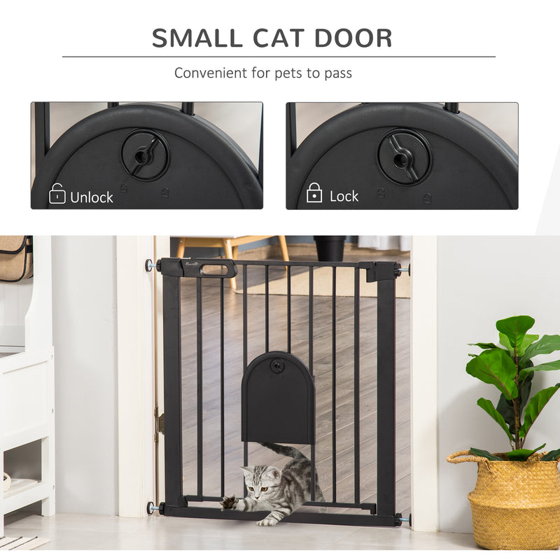 PawHut 75-82 cm Pet Safety Gate Pressure Fit Stair w/ Small Door Double Locking