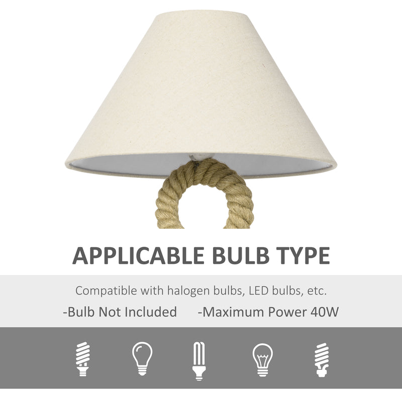 HOMCOM Farmhouse Table Lamp with Fabric Lampshade Twisted Hemp Rope for Study