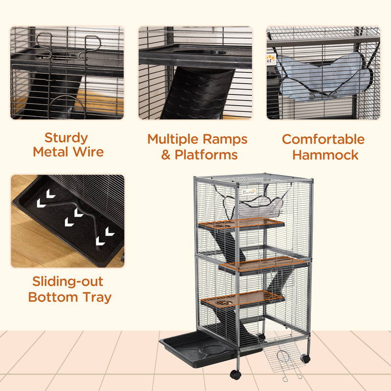 PawHut Rolling Small Animal Cage for Chinchillas Ferrets Kittens W/ Ramp