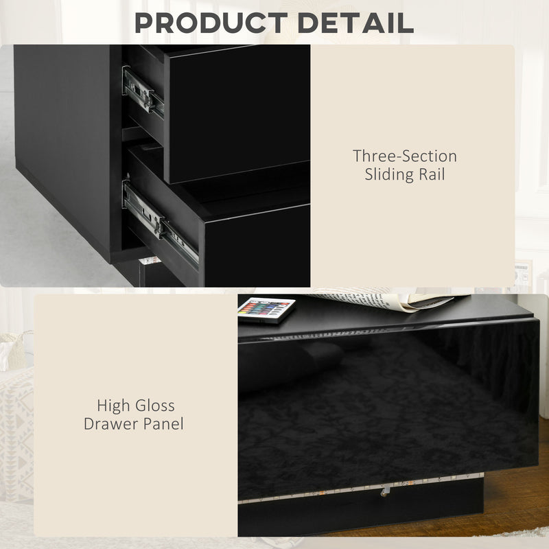 HOMCOM High Gloss Front Bedside Table Nightstand with LED Light Remote Black