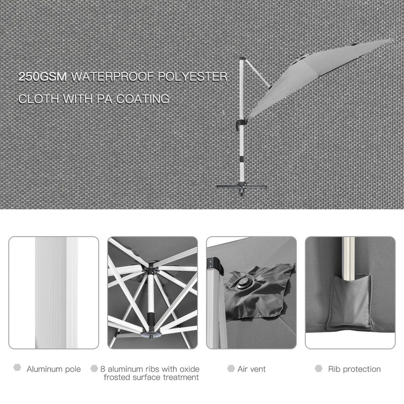 Outsunny 3 x 3(m) Cantilever Roma Parasol Garden Umbrella with Cross Base Grey