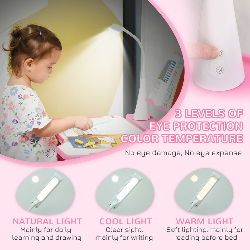 HOMCOM Kids Study Desk and Chair Set w/ USB Lamp, Adjustable Height - Pink
