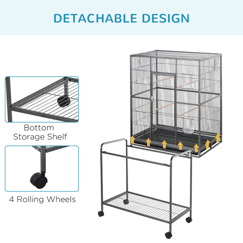 PawHut Rolling Bird Cage w/ Detachable stand Storage Shelf  Wood Perch Food Cup