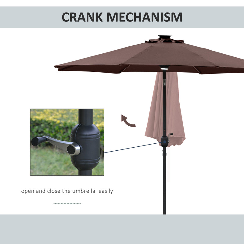 Outsunny 2.7m Garden Parasol Summer Shelter w/ LED Solar Light Crank Tilt Coffee