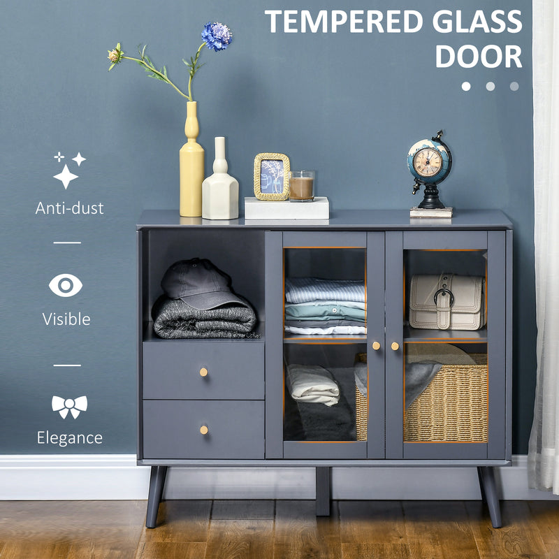 HOMCOM Modern Sideboard, Glass Door Buffet Cabinet with 2 Drawers, Grey