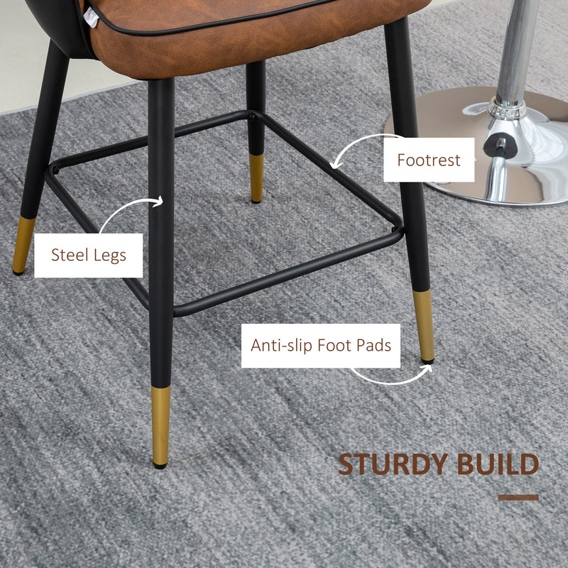 HOMCOM Modern Bar Stools Set of 2, PU Leather Bar Chairs with Steel Legs, Brown