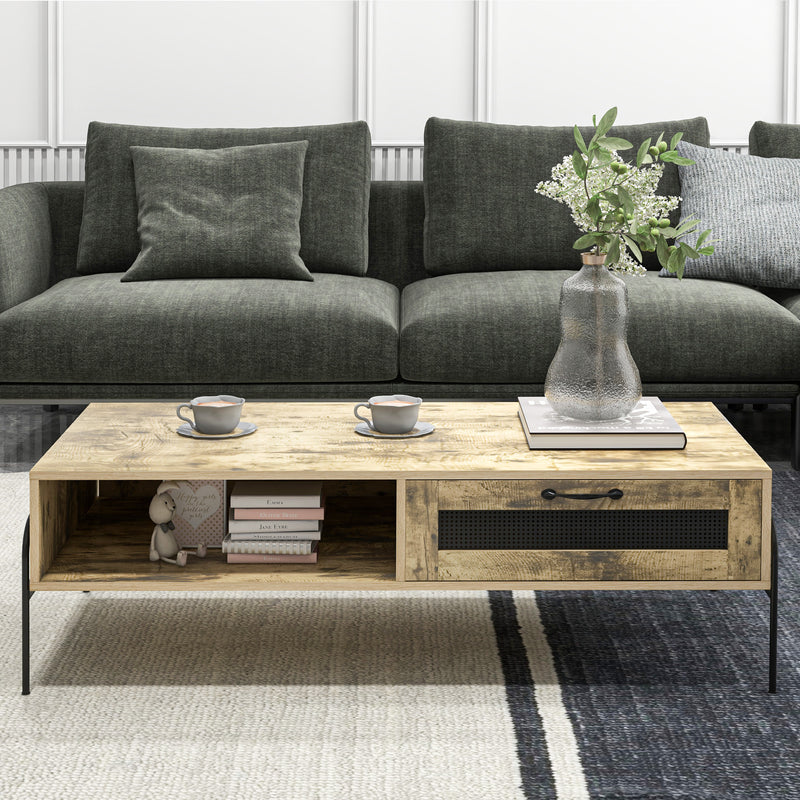 HOMCOM Industrial Coffee Table W/ Drawer and Open Storage Compartment Metal Legs