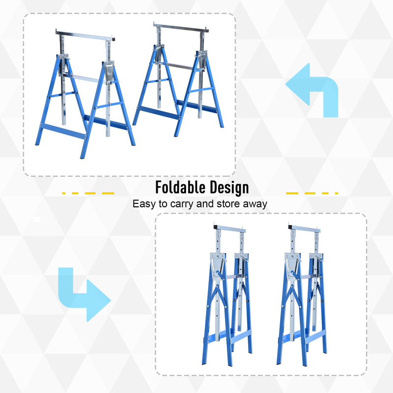 HOMCOM Set Of 2 Steel Saw Horses Telescopic Builders Work Bench Folding Blue