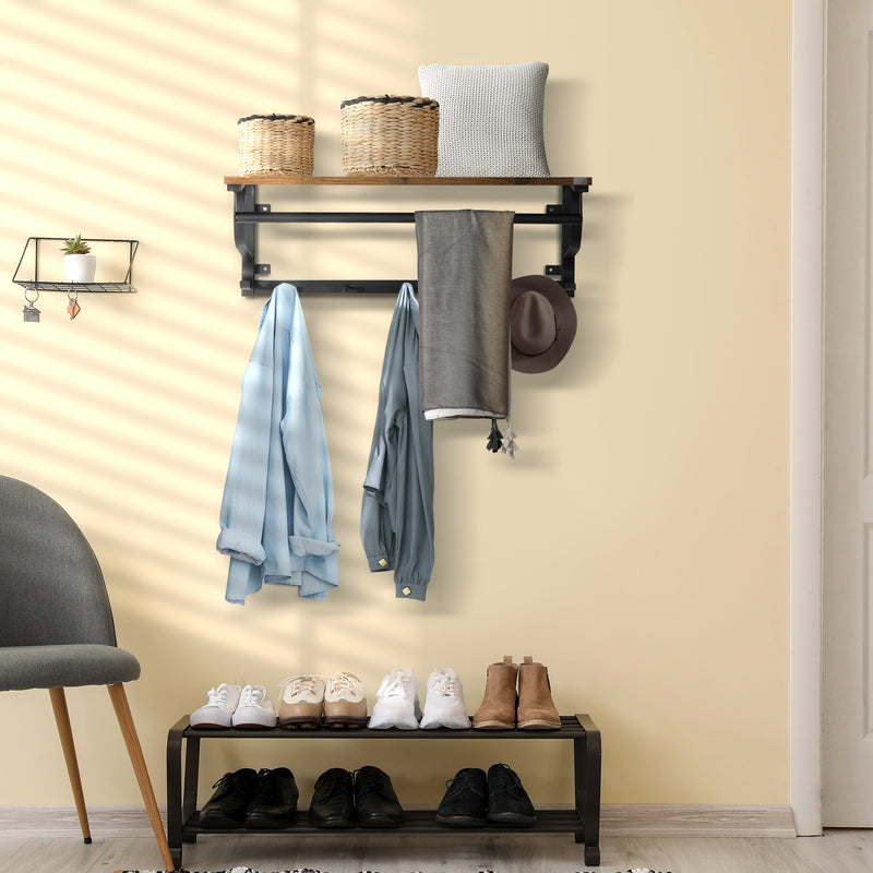 HOMCOM Floating Shelf Wall Mounted Shelf with 5 Hooks and Hanging Rod Brown