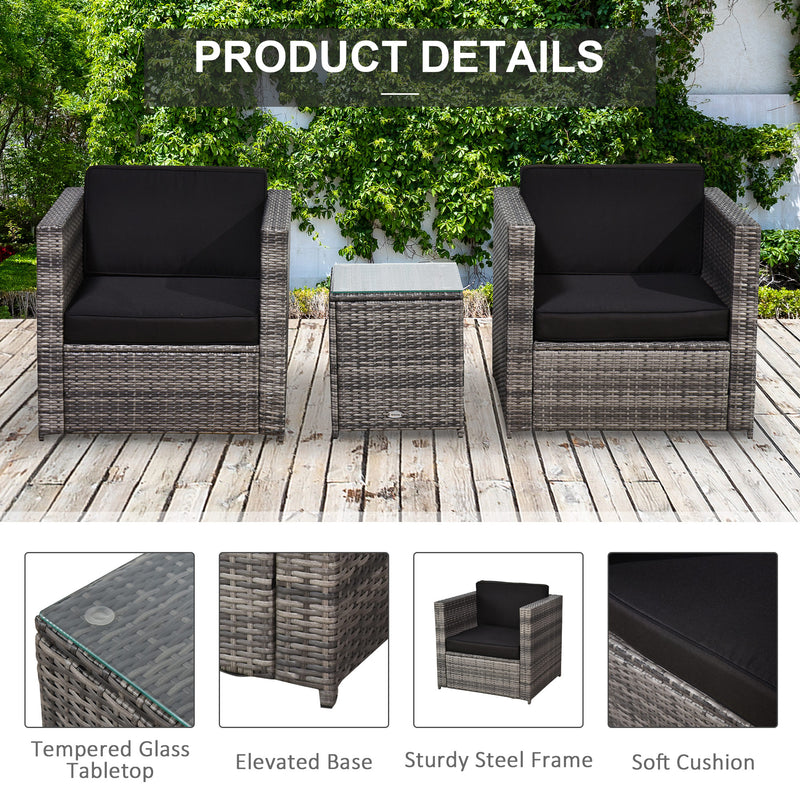 Outsunny 3Pcs Patio 2 Seater Rattan Sofa Garden Furniture Set Coffee w/ Cushions