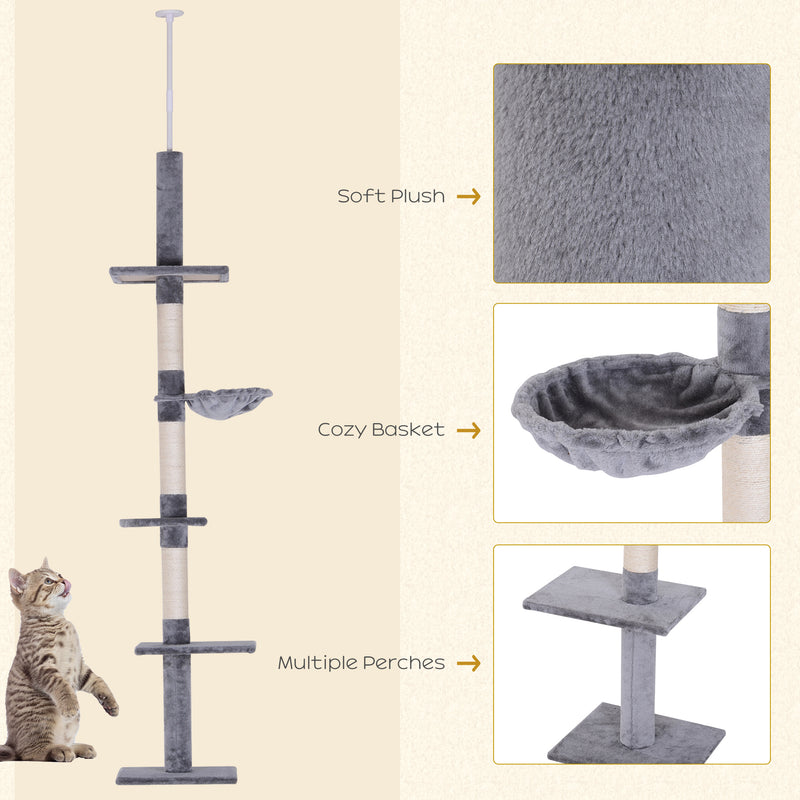 PawHut Floor to Ceiling Cat Tree for Indoor Cats 5-Tier Kitty Tower Grey