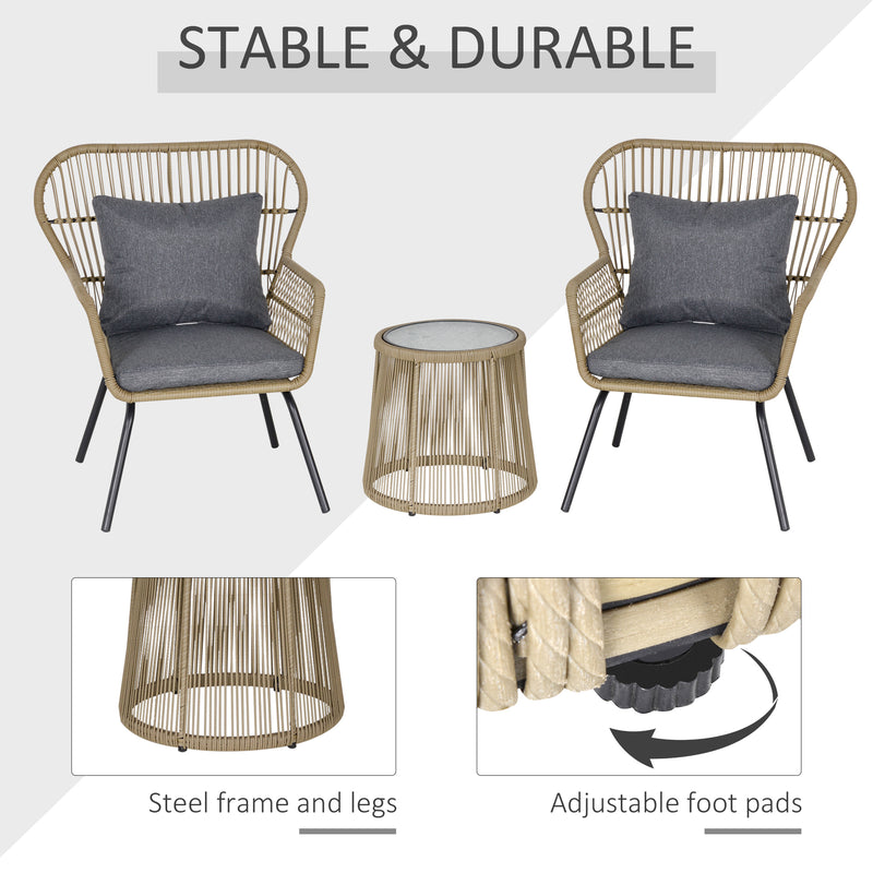 Outsunny 3 PCS Webbed PE Rattan Outdoor Patio Set w/ Cushions Steel Frame Brown