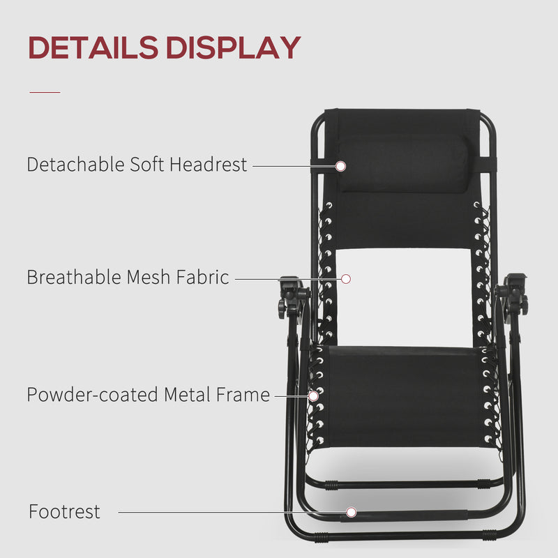 Outsunny Foldable Garden Recliner Chair Set of 2 w/ Footstool & Headrest, Black