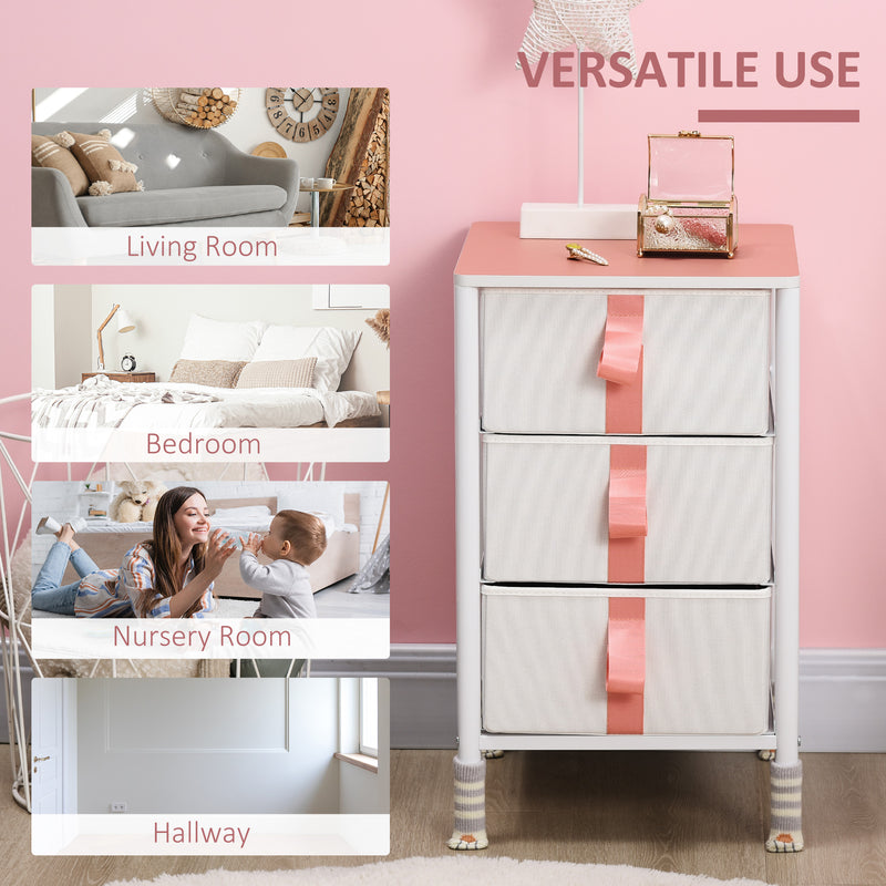 HOMCOM 3 Drawer Chest of Drawers w/ Wooden Top for Kid Room Closet Hallway Pink
