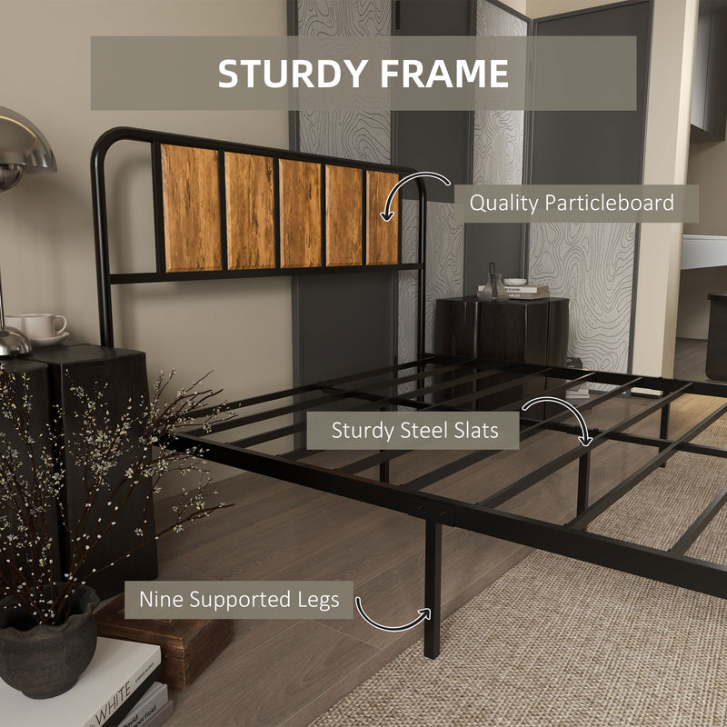 HOMCOM Double Bed Frame Steel Bed Base with Headboard 145 x 199cm Brown