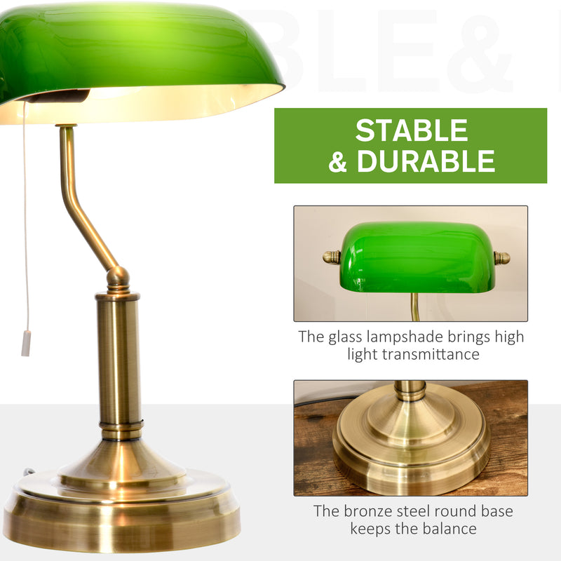 HOMCOM Banker's Table Lamp w/ Bronze Base, Green Glass Shade, Pull Rope Switch