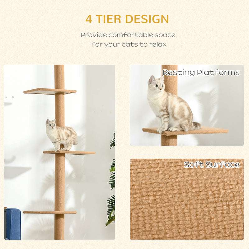 PawHut 260cm Floor To Ceiling Cat Tree Kitten Tower w/ Adjustable Height - Brown