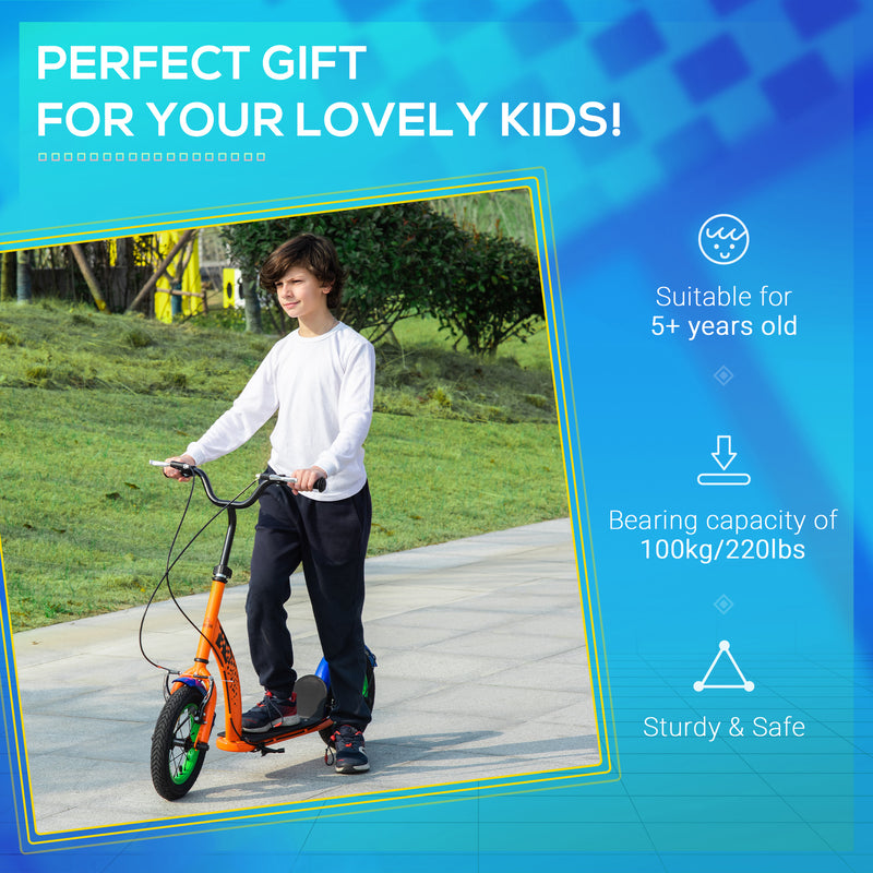 HOMCOM Kids Kick Scooter Adjustable Height Dual Brakes 12" Inflatable Wheels
