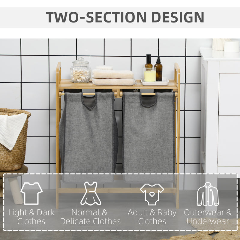 HOMCOM Bamboo Laundry Basket with Shelf Pull-out Bags for Bedroom Laundry Room