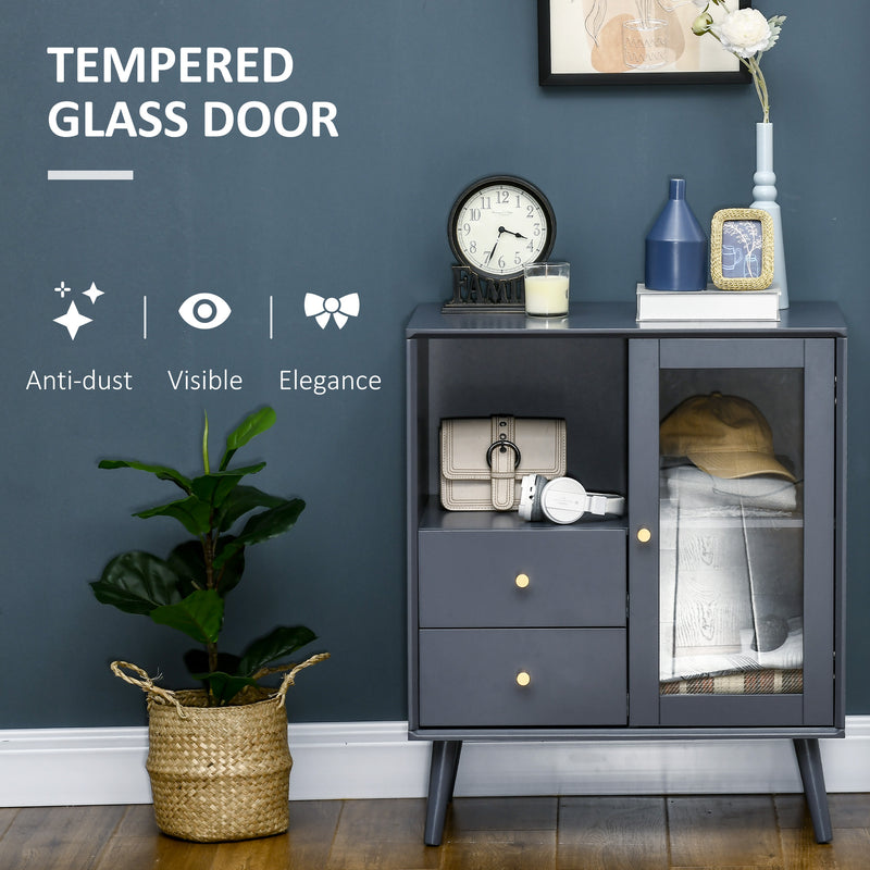 HOMCOM Modern Sideboard Cabinet, Glass Door Cupboard with 2 Drawers, Grey