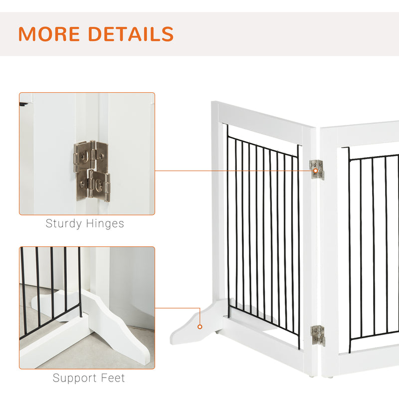 PawHut Foldable Wooden Pet Gate w/ 3 Panels 2 Support Feet for Small Dogs White