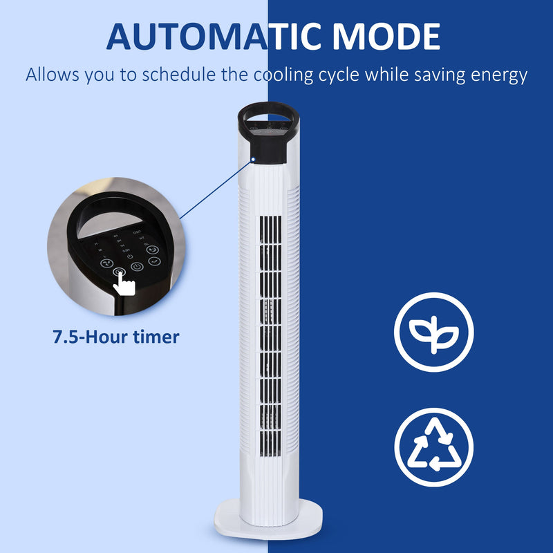 Homcom Freestanding Tower Fan 3 Speed 3 Mode 7.5h Timer 70 Degree Oscillation LED Panel 5M Remote Controller Black and White Fan Mode Timer 70° Oscillation Panel Controller