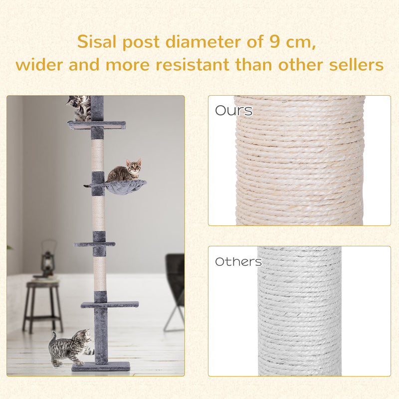 PawHut Floor to Ceiling Cat Tree for Indoor Cats 5-Tier Kitty Tower Grey