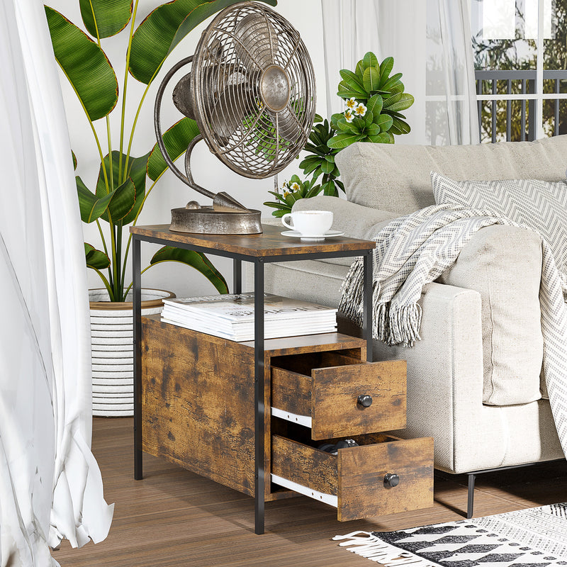 HOMCOM Industrial Side Table, Night Stand With 2 Storage Drawers Accent Piece For Living Room, Bedroom, Brown Room
