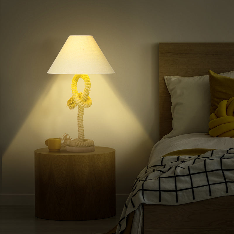 HOMCOM Farmhouse Table Lamp with Fabric Lampshade Twisted Hemp Rope for Study
