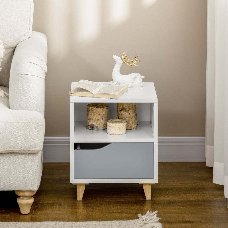 HOMCOM Bedroom Bedside Table, Sofa Side Table with Drawer Shelf and Wood Legs