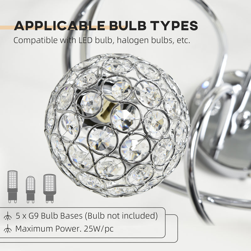HOMCOM Chandelier Ceiling Light Pendant Light with 5 Globe Lampshades, Silver