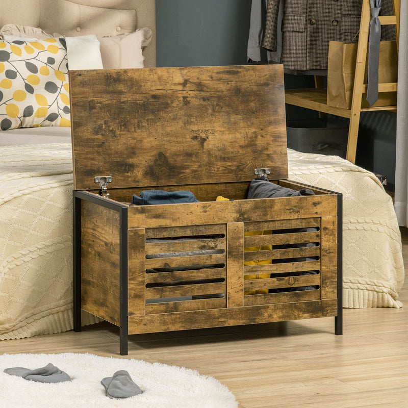 HOMCOM Louvred Storage Shoe Bench Chest with Lift Top for Bedroom, Rustic Brown