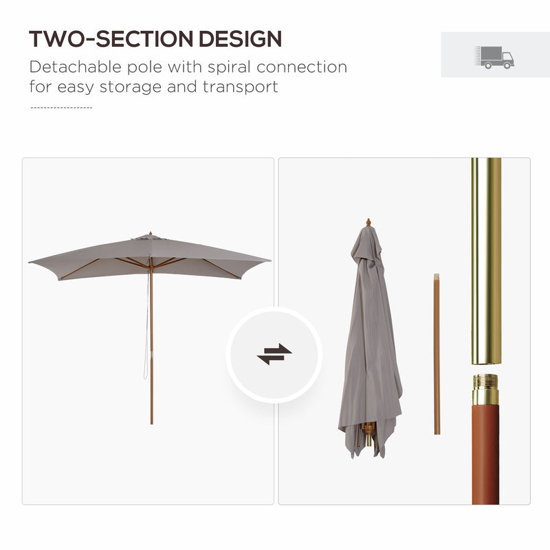 Outsunny 2 x 3(m) Wood Garden Parasol Sun Shade Patio Umbrella Canopy Light Grey